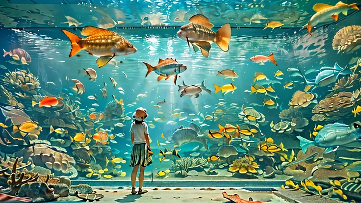 A huge, dimly illuminated, futuristic aquarium, while light dances through the water ,(Express detailed details:1.5), (I'm watching many fascinating schools of fish swimming in a super huge tank:1.5) . soft blue surface , (Majestic rays, giant sunfish, and...