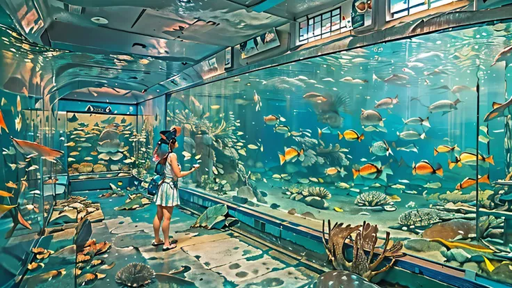 A huge, dimly illuminated, futuristic aquarium, (Blue rays and blue water:1.2) ,(express detailed details:1.5), (I'm watching many fascinating schools of fish swimming in a super huge tank:1.5) . soft blue surface , (Majestic rays, giant sunfish, and large...