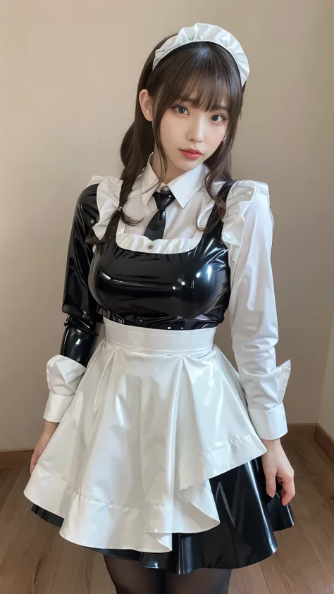 portrait,((Picture of a woman wrapped in a maid dress made of shiny black latex)),(masterpiece, Best Quality , ultra fine),Highly detailed CG,(Eye makeup for long eyelashes),(( very beautiful Japanese women)),((latex maid headband)),((Shiny black latex lon...