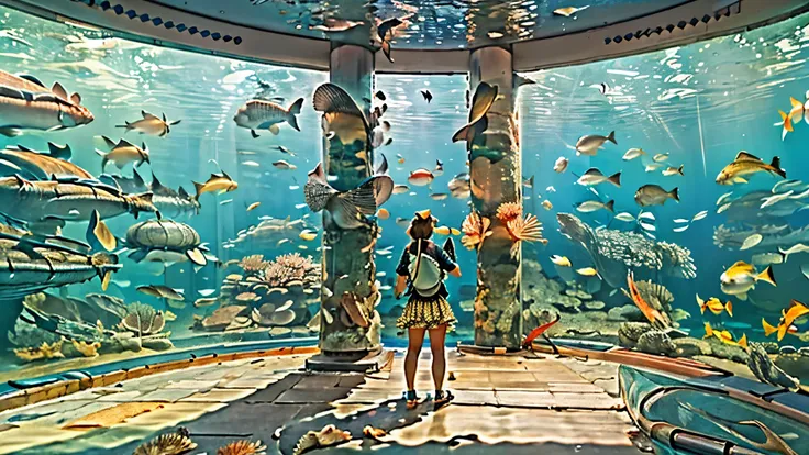 A huge, dimly illuminated, futuristic aquarium, (Blue rays and blue water:1.2) ,(Express detailed details:1.5), (I'm watching many fascinating schools of fish swimming in a super huge tank:1.5) . soft blue surface , (Majestic rays, giant sunfish, and large...