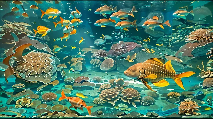 A huge, dimly illuminated, futuristic aquarium, (Blue rays and blue water:1.2) ,(Express detailed details:1.5), (I'm watching many fascinating schools of fish swimming in a super huge tank:1.5) . soft blue surface , (Majestic rays, giant sunfish, and large...