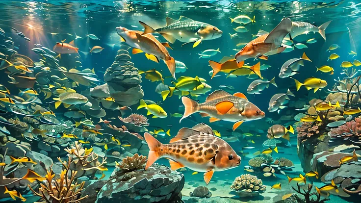 A huge, dimly illuminated, futuristic aquarium, (Blue rays and blue water:1.2) ,(express detailed details:1.5), (I'm watching many fascinating schools of fish swimming in a super huge tank:1.5) . soft blue surface , (Majestic rays, giant sunfish, and large...
