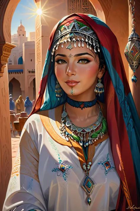 (best quality,photorealistic),vibrant colors, detailed facial features, intricate hair, traditional attire, confident posture, traditional Moroccan jewelry, sunlight illuminating the scene, lively and energetic composition