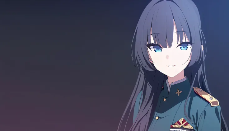 masterpiece, best quality, solo, 1girl, black hair, medium to long hair, cerulean blue eye, medium breast, dark green japan military uniform, standing, looking at viewer, curious gaze, good mood, kind, smiling, composed, black background only