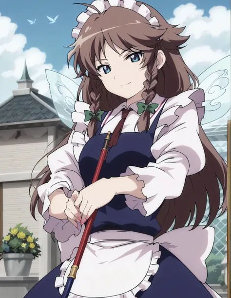 score_9, score_8_up, score_7_up, source_anime,absurdres, highres, masterpiece, best quality, amazing quality, official anime artwork, screencap, anime screencap, outdoors, looking at viewer, light smile, Scarlet devil mansion, day,ai shindou,1girl, solo, b...