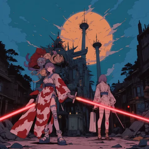 Cute 30-Year-Old Woman、Red and White Ruthless Background、、、Despair Background、Cow Print High Leg Swimsuit、super big 、 samurai、pink and red thin yukata、a lot of exposure、laser beam、night、light、adventure、Departure 、、、Deep-Chest Valley、unkempt hair、spiritual ...