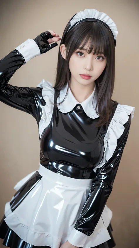 portrait,((Picture of a woman wrapped in a maid dress made of shiny black latex)),(masterpiece, Best Quality , ultra fine),Highly detailed CG,(Eye makeup for long eyelashes),(( very beautiful Japanese women)),((latex maid headband)),((Shiny black latex lon...
