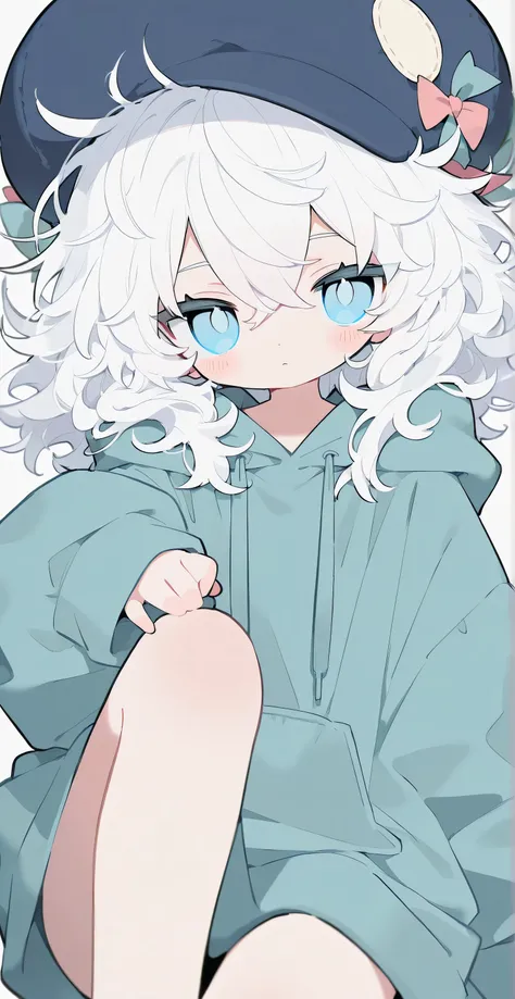 White hair, messy hair, medium hair, big volume hair, wavy hair, light blue eyes, oversized hoodie, round cap