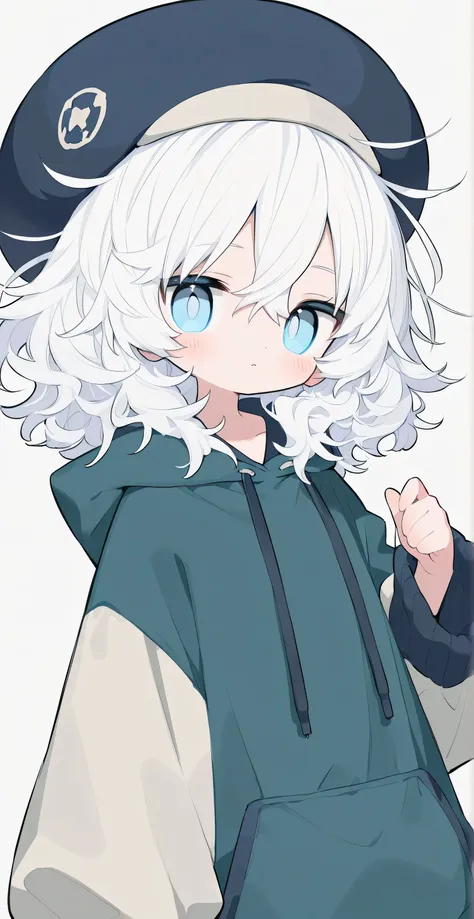 White hair, messy hair, medium hair, big volume hair, wavy hair, light blue eyes, oversized hoodie, round cap