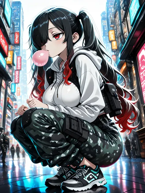 masterpiece, best quality, 1 girl, Kuroki Monika, red eyes, gradient hair, black hair, red hair, long hair, asymmetrical hairline, hair over right eye, ((large breasts)), (petite but curvy), very cute, lovely, long twin-tails, wearing a cropped white hood...