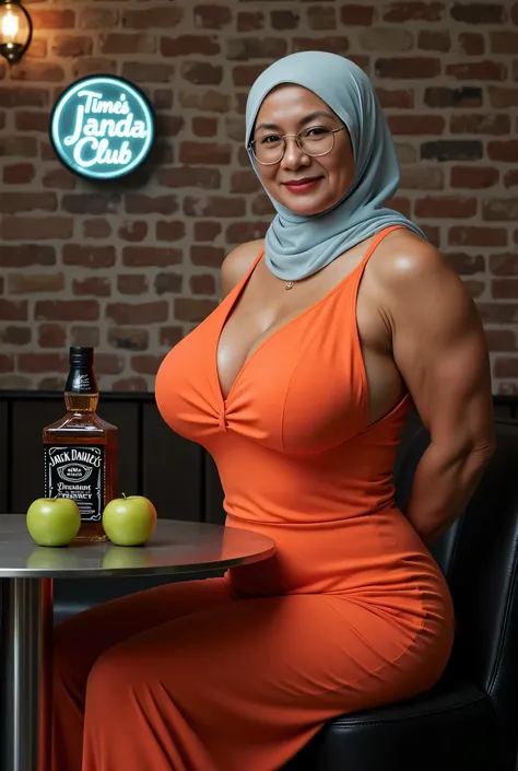 SUPER OLD LADY,  (Thighs and calves huge muscles), (((MOODY FACE EXPRESSION))), "Wearing Hijab perfectly",  wearing Scoop Neck Sleeveless neon oren Bodysuits singlet swimsuit , (KEDUA BELAH TANGAN DILETAK LETAKKAN DIBELAKANG PUNGGUNG) PLEASE DON'T PUT ANYT...