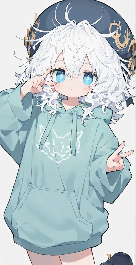 White hair, messy hair, medium hair, big volume hair, wavy hair, light blue eyes, oversized hoodie, round cap, v over eye