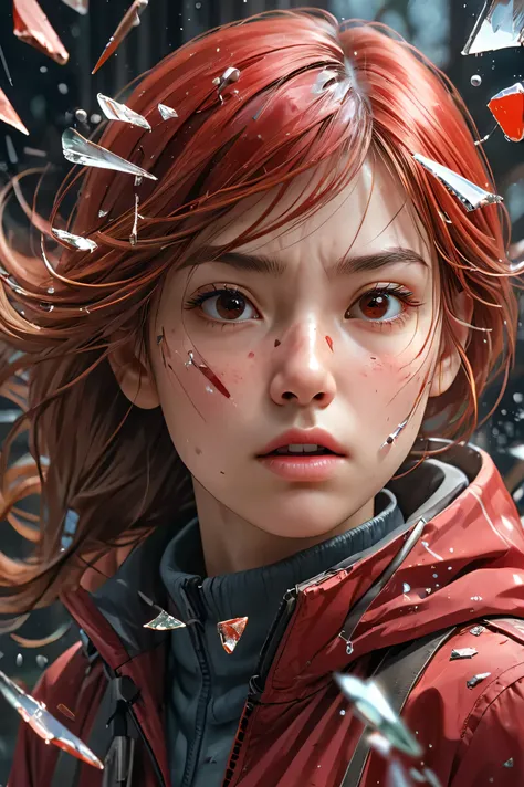 （best quality，Super fine，fidelity：1.37），beautiful girl，cold expression，Red viscous liquid oozes from scratches on face，close up。Bullets flew through the air，broke the glass。Instant capture，penetrating glass shards，Detailed bullet trajectories，slam，Shards o...