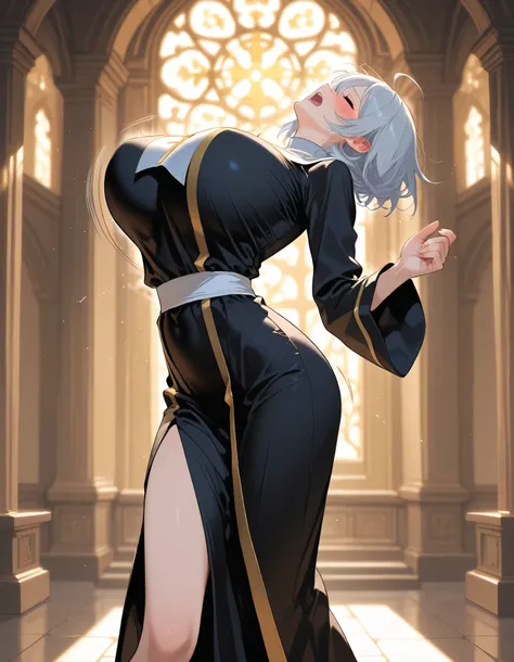 score_9, score_8_up, longlegs_v0.22_pony, BREAK, holy temple, solo, (1 skinny priest), praying hands under breasts, arched back, (bouncing huge breasts), (perky breasts), BREAK, narrow waist, skinny legs, black robe, long skirt, orgasm, erectile nipples, t...