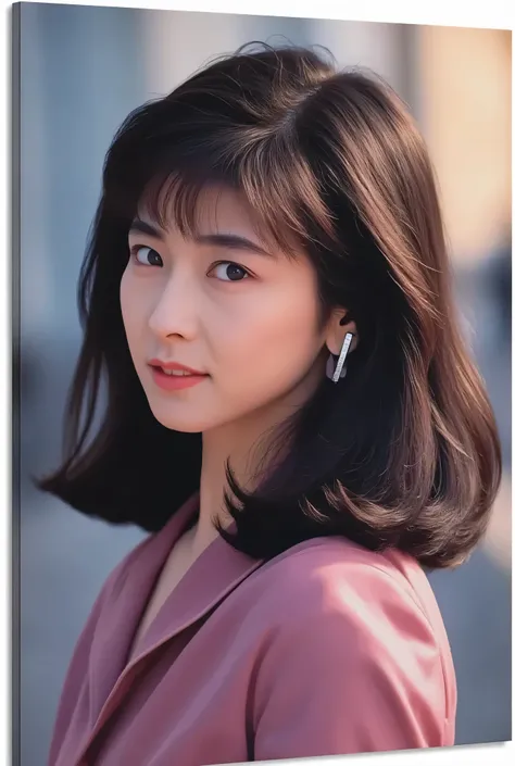 (((( detailed explanation )))),(((masterpiece、Best Quality、 very well detailed:1.42、 Focus on the eye  )))、A late woman 、 portraits、Dim city silhouette、Silhouettes of buildings and street lights 、medium length dark brown hair、Naturally Wavy Curls、the breez...