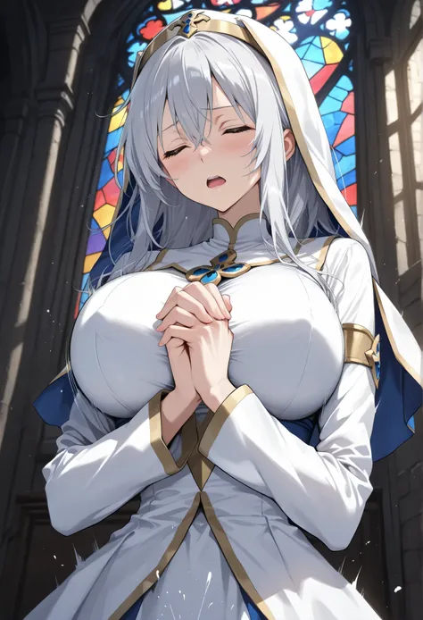 score_9, BREAK, stained glass, solo, (1 skinny priestess praying), bouncing huge breasts, huge perky breasts, too short torso, narrow waist, clasping both fists, robe covers breasts, orgasm, (erectile nipples)