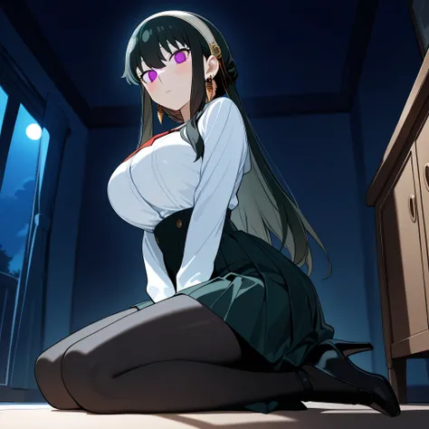 score_9, score_8_up, score_7_up, 1girl, solo, (top quality, 8k), high resolution, smooth, best quality, highly detailed, looking at viewer, bedroom at night, (dark room), ((from below)), ((side view from below)), huge breasts, glowing hypnotic waves in the...