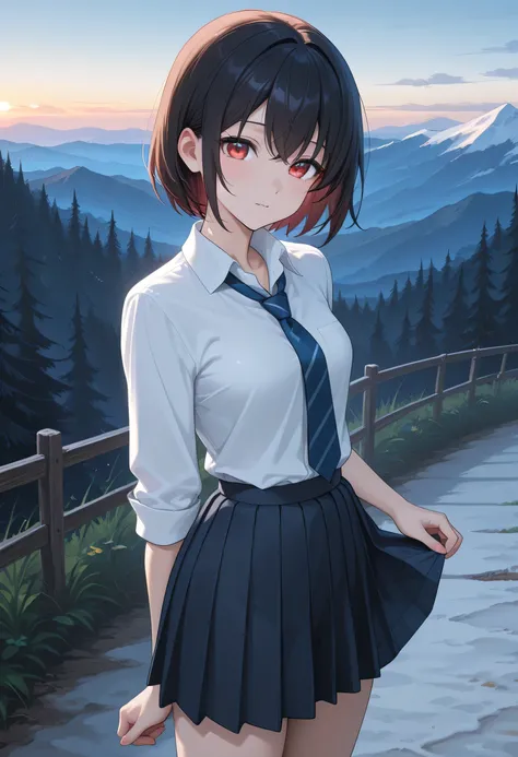 Beautiful anime girl small breasts in a pleated skirt on the in the mountains in a sexy pose 