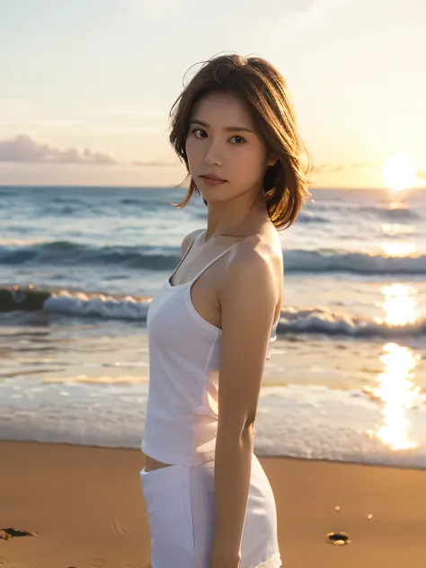 nsfw、HD Images、high definition、One woman、((On the edge of the tropical waves ))、Very beautiful sunset scene、blur background、((Beautiful brown hair))、kind expression、gentle expression、muscular body、(small breasts)、((Beautiful brown hair))、her hair is flutte...