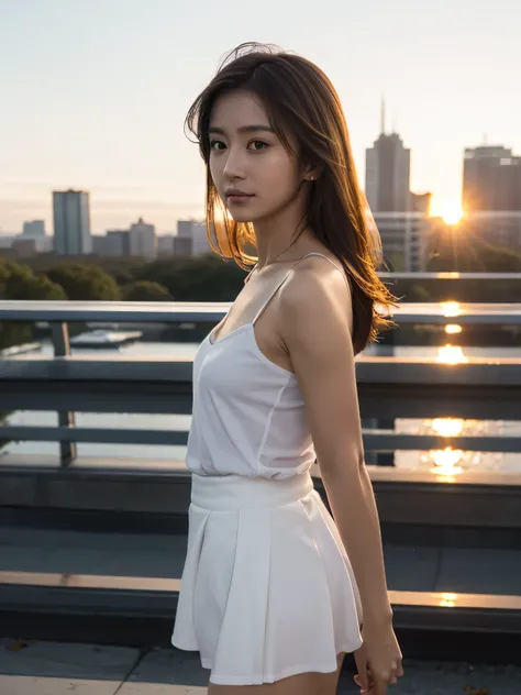 nsfw、HD Images、high definition、One woman、((urban skyscraper district))、Very beautiful sunset scene、blur background、((Beautiful brown hair))、kind expression、gentle expression、muscular body、（small breasts）、((Beautiful brown hair))、her hair is fluttering in t...