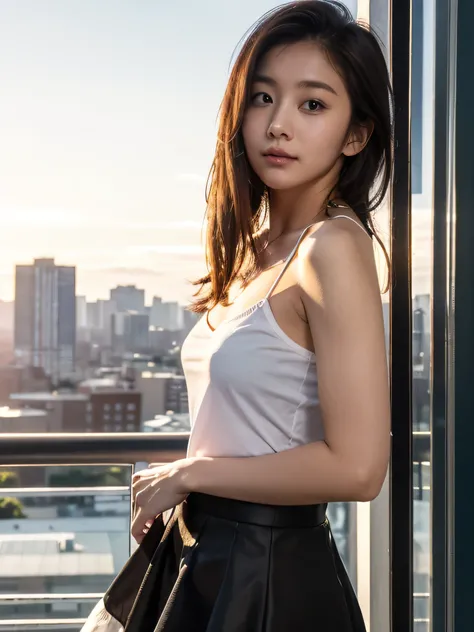 nsfw、HD Images、high definition、One woman、((urban skyscraper district))、Very beautiful sunset scene、blur background、((Beautiful brown hair))、kind expression、gentle expression、muscular body、（small breasts）、((Beautiful brown hair))、her hair is fluttering in t...
