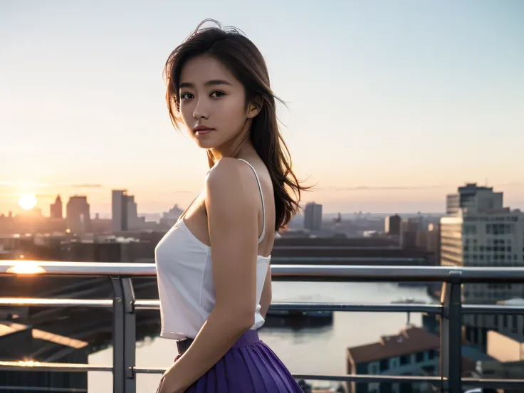 nsfw、HD Images、high definition、One woman、((urban skyscraper district))、Very beautiful sunset scene、blur background、((Beautiful brown hair))、kind expression、gentle expression、muscular body、（small breasts）、((Beautiful brown hair))、her hair is fluttering in t...