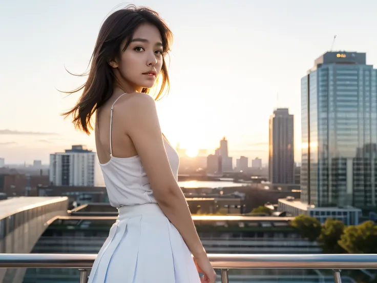 nsfw、HD Images、high definition、One woman、((urban skyscraper district))、Very beautiful sunset scene、blur background、((Beautiful brown hair))、kind expression、gentle expression、muscular body、（small breasts）、((Beautiful brown hair))、her hair is fluttering in t...