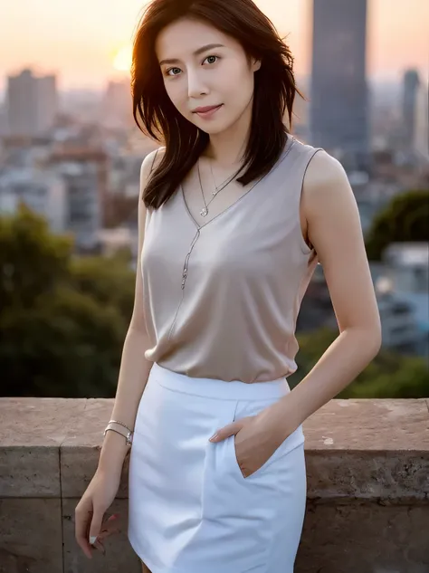 nsfw、HD Images、high definition、One woman、((urban skyscraper district))、Very beautiful sunset scene、blur background、((Beautiful brown hair))、kind expression、gentle expression、muscular body、(small breasts)、((Beautiful brown hair))、her hair is fluttering in t...