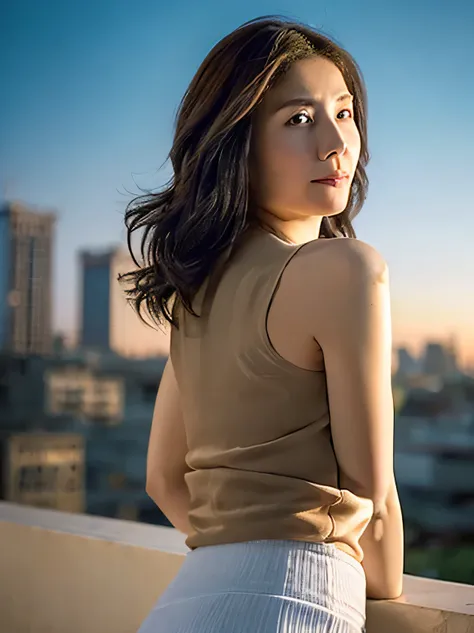 nsfw、HD Images、high definition、One woman、((urban skyscraper district))、Very beautiful sunset scene、blur background、((Beautiful brown hair))、kind expression、gentle expression、muscular body、(small breasts)、((Beautiful brown hair))、her hair is fluttering in t...