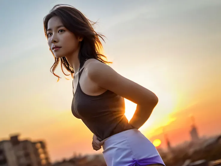 nsfw、HD Images、high definition、4K、photo quality、One woman、((urban skyscraper district))、Very beautiful sunset scene、blur background、((Beautiful brown hair))、kind expression、gentle expression、muscular body、(small breasts)、((Beautiful brown hair))、her hair i...