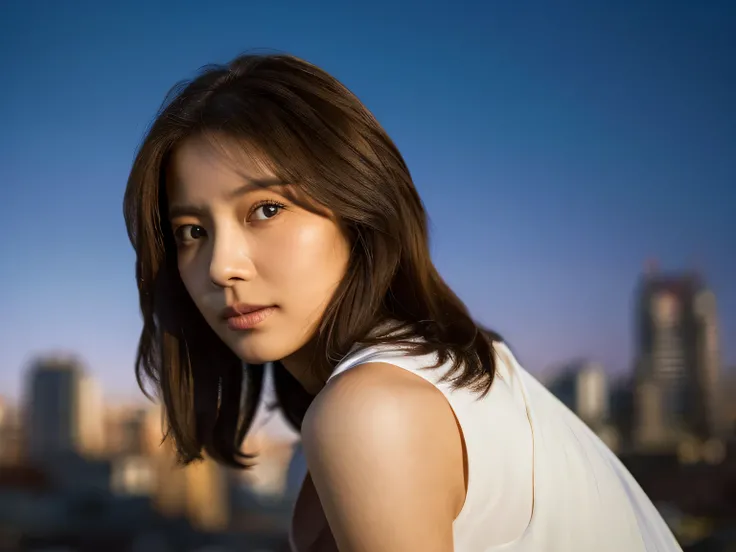 nsfw、HD Images、high definition、4K、photo quality、One woman、((urban skyscraper district))、Very beautiful sunset scene、blur background、((Beautiful brown hair))、kind expression、gentle expression、muscular body、(small breasts)、((Beautiful brown hair))、her hair i...