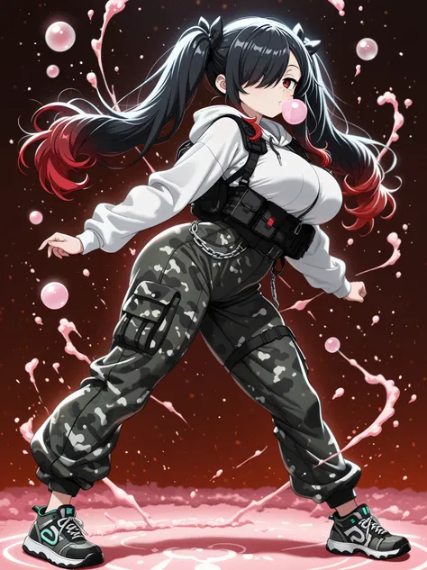 masterpiece, best quality, 1 girl, Kuroki Monika, red eyes, gradient hair, black hair, red hair, long hair, asymmetrical hairline, hair over right eye, ((large breasts)), (petite but curvy), very cute, lovely, long twin-tails, wearing a cropped white hood...