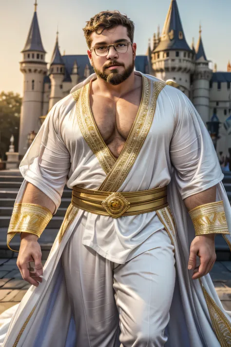 (8k, high definition, masterpiece) Stubbled Caucasian. handsome and chubby musician wearing brown thick glasses. wearing a white royal robe covering his chest, wearing a golden sash. wearing white silk pants. hyper- masculine. (white, gold, and, blue color...