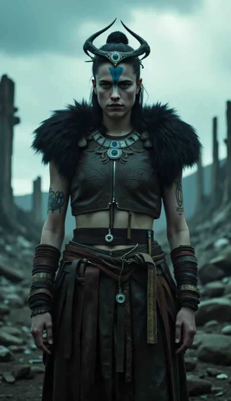 Margaret Qualley as Senua, Hellblade, fierce and determined warrior, standing, post-apocalyptic battlefield, dramatic stormy sky, rugged leather outfit, fur around shoulders, intricate tribal patterns engraved into the chest, various leather straps and bel...