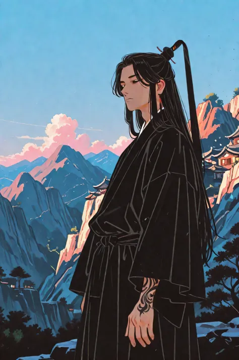 Chinese long haired handsome , tall man watching a village from a distance mountain cliff ( chinese traditional inked artist style ) wearing black colour outfit peaceful sky
