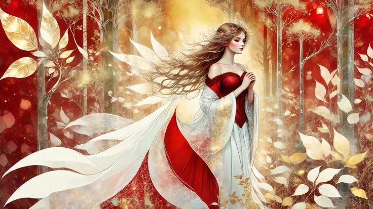 novuschroma style Fluffy magic full body girl fantasy illustration in Novuschroma style in a enchanted forest in Mucha style as background. color palette white patterns, red and gold