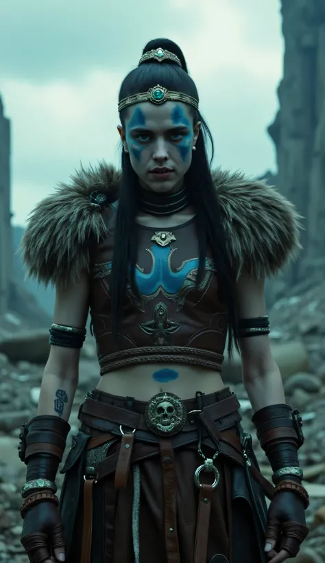 Margaret Qualley as Senua, Hellblade, fierce and determined warrior, standing, post-apocalyptic battlefield, dramatic stormy sky, rugged leather outfit, fur around shoulders, intricate tribal patterns engraved into the chest, various leather straps and bel...