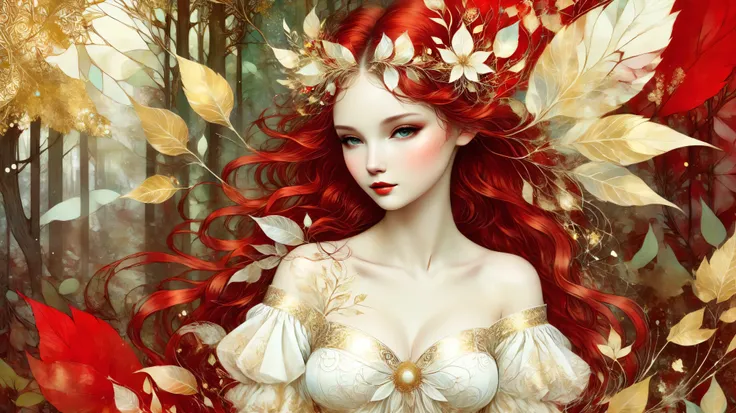 novuschroma style Fluffy magic full body girl fantasy illustration in Novuschroma style in a enchanted forest in August Mucha style as background. color palette white patterns, red and gold