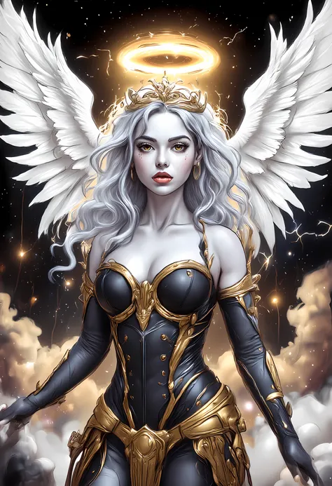 n epic comic art painting, watercolor masterpiece art a queen from heaven, a female queen angel wearing gold crown, wearing black sexy dress, (white stockings: 1.3), high heels boots, bright skin, best details beautiful face ,dynamic hair color, busty, sma...