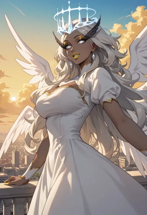 woman, anime style, yellow lipstick, dark gray skin, white eyes, white dress, white hair, focus on character, looking at viewer, happy, amazing lighting, side view, open arms, big breasts, shading, golden city, golden sky, yellow sky, white wings, halo, Se...