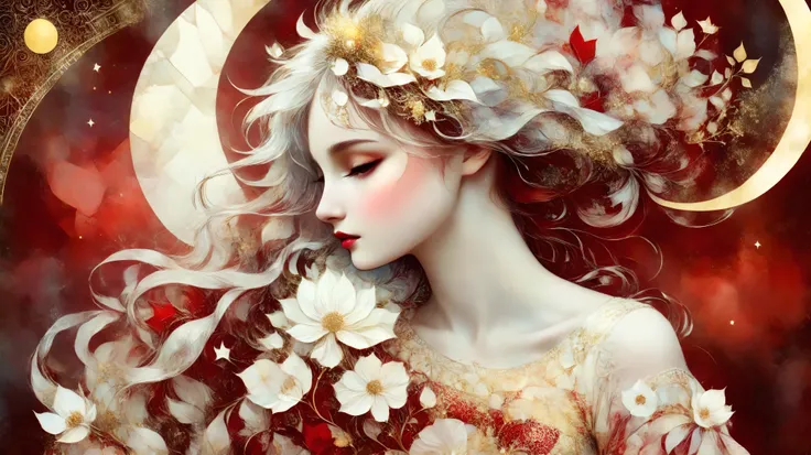 novuschroma style Fluffy magic full body girl fantasy illustration in Novuschroma style in a enchanted meadown with crescent moon in August Mucha style as background. color palette white patterns, red and gold