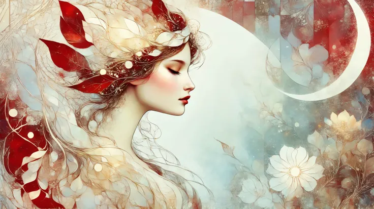 novuschroma style Fluffy magic full body girl fantasy illustration in Novuschroma style in a enchanted meadown with crescent moon in August Mucha style as background. color palette white patterns, red and gold