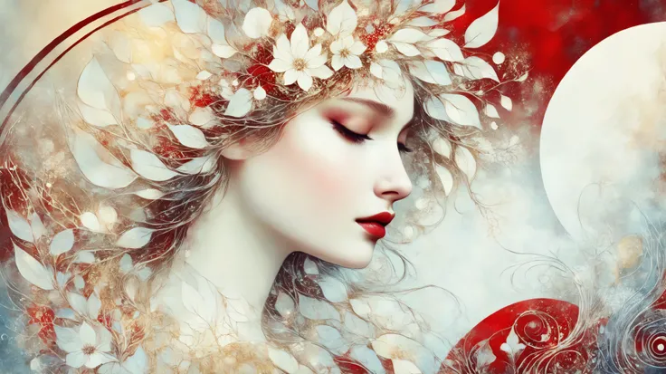 novuschroma style Fluffy magic full body girl fantasy illustration in Novuschroma style in a enchanted meadown with crescent moon in August Mucha style as background. color palette white patterns, red and gold