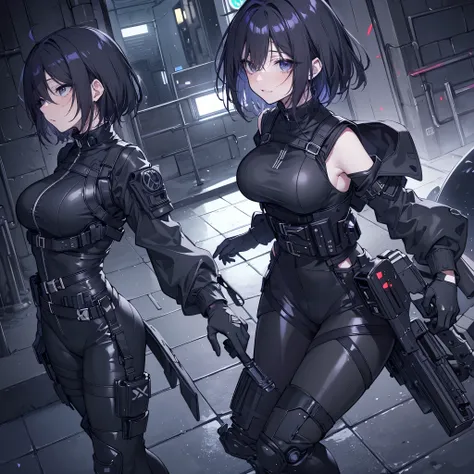 ((better quality)), ((Masterpiece)), (detailed), anime girl gesture, walking, ((seen from above)), (looking away), shy look, short black hair, big breasts, sexy, ,ojos detaileds, ojos azules, (((pale skin))), tactical hip covers, chest harness , ((battle...