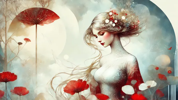 novuschroma style Fluffy magic full body girl fantasy illustration in Novuschroma style in a enchanted garden with full moon in August Mucha style as background, patterns, color palette white red and gold