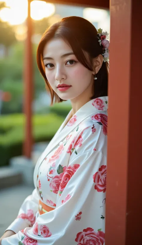 a beautiful woman, sitting strapping on the porch of a japanese model house, Japanese model house garden background at sunset, sunlight orange, sitting looking at the camera, using long kimono satin material white color floral print, rambut hitam, bibir me...