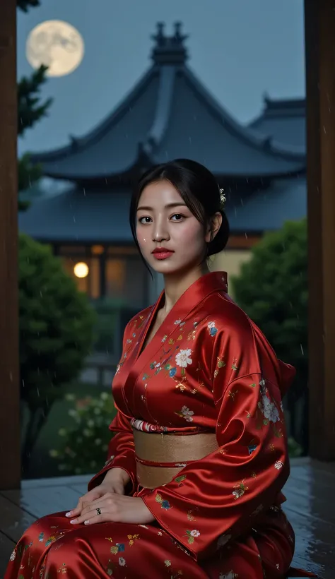 a beautiful woman, sitting strapping on the porch of a japanese model's house as the rain drizzles, Japanese model house garden background at night with full moon, very calm atmosphere , body looking camera, hujan gerimis, Using kimono covered in satin mat...