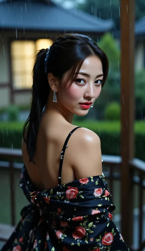 a beautiful woman, sitting strapping on the porch of a japanese model's house as the rain drizzles, home garden background Japanese model at night with full moon, very calm atmosphere , face looking at camera , hujan gerimis, using kimono covered in satin...