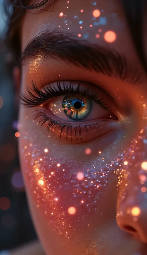 Extreme foreground of a woman's eye, with crisp reflections. Party lights. The shiny surface of her hyper-detailed iris, reflects a curvaceous woman wearing elegant lingerie, subtly distorted by the curvature of the eye. The lighting enhances the contrast ...