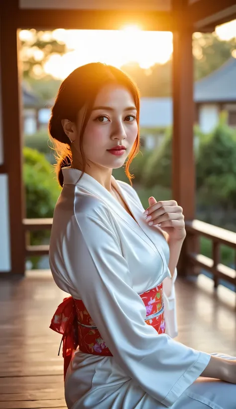 a beautiful woman, sitting strapping on the porch of a japanese model house, Japanese model house garden background at sunset, sunlight orange, sitting looking at the camera, using long kimono satin material white color floral print, Black hair ponytail, b...